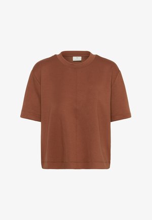 T-shirt marron à manches courtes avec col rond, ourlet droit et couture visible au centre devant ainsi qu'autour des bords.