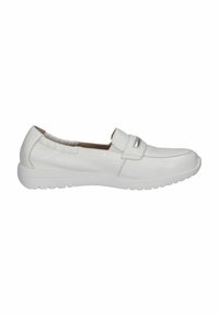 Pantofi slip-on din piele albă, cu vârf rotund, bandă elastică și accente texturate pe laterale. Au o talpă din cauciuc pentru aderență.