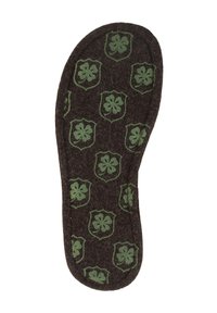 Brown felt insole featuring a repeated green floral and shield pattern. Rounded shape with smooth, textured surface.
