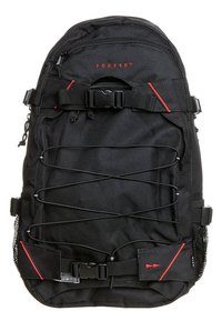 Zaino in tessuto nero con dettagli rossi, caratterizzato da spallacci regolabili, un sistema bungee frontale e tasche in rete laterali per ulteriore spazio di stoccaggio.
