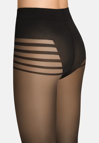 Collant neri con sezioni trasparenti caratterizzate da modelli a righe orizzontali. Texture liscia e opaca con design a vita alta.