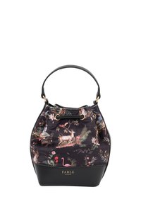 Sac seau noir avec un imprimé floral et animal, doté d'un corps en tissu, d'une base en simili cuir, de quincaillerie dorée et d'une fermeture à cordon.