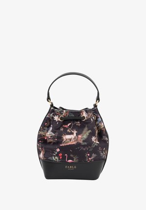 Black bucket bag with a floral and animal print, featuring a fabric body, faux leather base, gold hardware, and a drawstring closure.