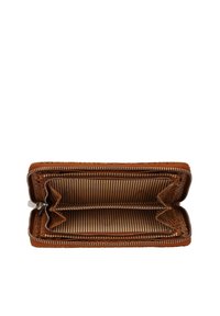 Brown leather zippered wallet open to show striped interior compartments and a small zippered pocket inside.