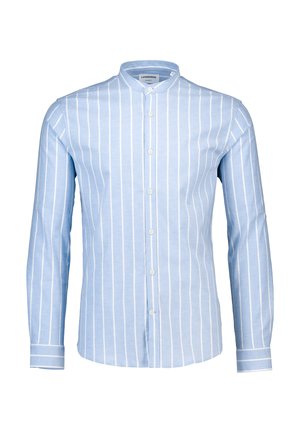 Lyseblå langærmet skjorte med hvide lodrette striber. Har en båndkrave og knaplukning, fremstillet af glat bomuldsstof.