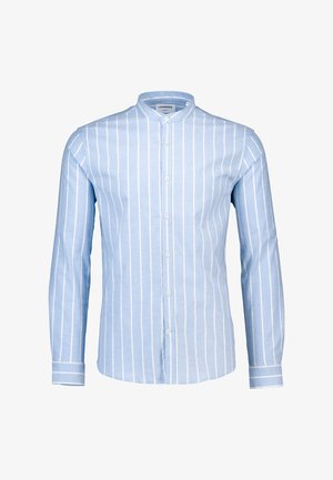 Lyseblå langærmet skjorte med hvide lodrette striber. Har en båndkrave og knaplukning, fremstillet af glat bomuldsstof.
