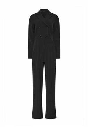 Schwarzer, doppelt geknöpfter Jumpsuit mit langen Ärmeln, tailliertem Schnitt und ausgestellten Beinen. Verfügt über zwei vordere Knöpfe und einen strukturierten Kragen.