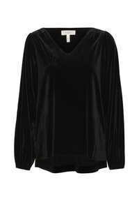 Black velvet blouse with a V-neck, long puffed sleeves, and a relaxed fit. Smooth texture with a subtle sheen and a slightly longer back.