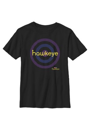 Schwarzes Baumwoll-T-Shirt mit einem kreisförmigen Muster in Lila und Blau, auf dem das Wort "Hawkeye" in Gelb in der Mitte steht.