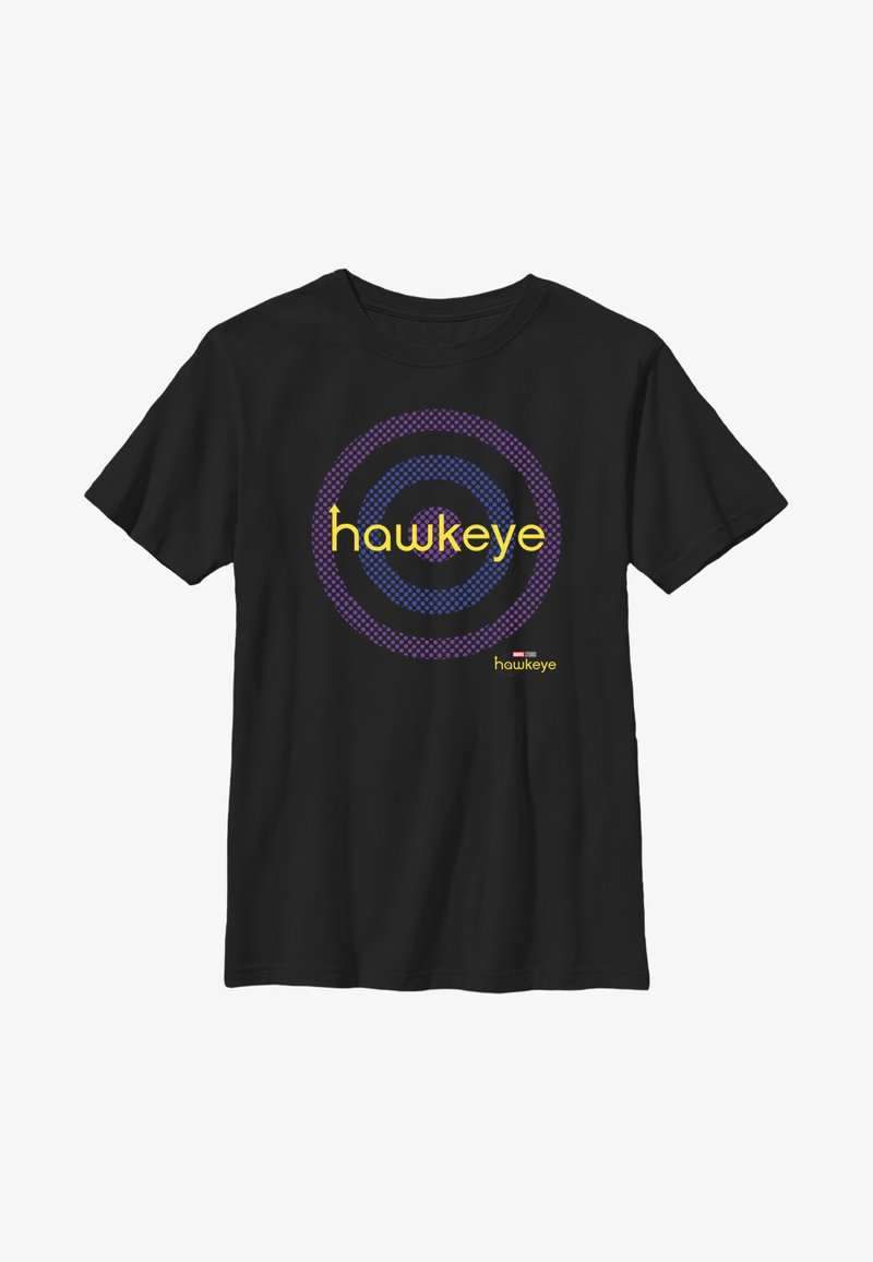 Camiseta de algodón negra con un patrón circular en púrpura y azul, con la palabra "hawkeye" en amarillo en el centro.