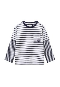Camicia a maniche lunghe a righe con linee orizzontali blu navy e bianche, dotata di una tasca sul petto e dettagli ricamati. Realizzata in morbido tessuto di cotone.