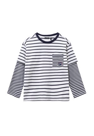 Chemise à manches longues rayée avec des lignes horizontales bleu marine et blanches, dotée d'une poche poitrine et de détails brodés. Fabriquée en coton doux.