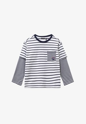 Camisa de manga larga a rayas con líneas horizontales en azul marino y blanco, con un bolsillo en el pecho y detalles bordados. Fabricada en suave tela de algodón.