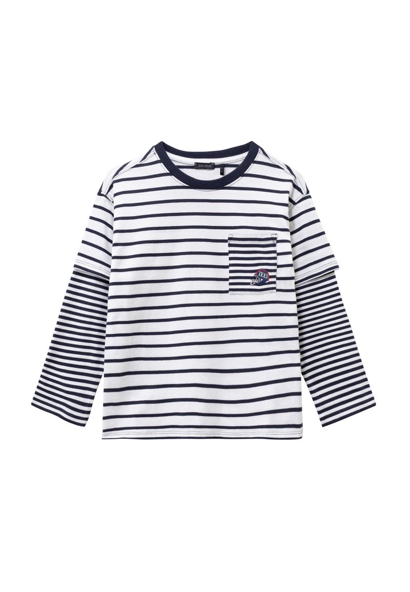 Camicia a maniche lunghe a righe con linee orizzontali blu navy e bianche, dotata di una tasca sul petto e dettagli ricamati. Realizzata in morbido tessuto di cotone.
