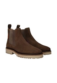Bruine suède Chelsea boots met elastische zijkanten, tonale stiksels en een rubberen loopzool voor grip. Geaccentueerde leren details op de hiel.
