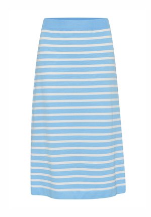 Csíkos szoknya világoskék és fehér színben. Puha anyagból készült, térdigin ér el, és egyszerű, rugalmas derékrésszel rendelkezik a kényelem érdekében.