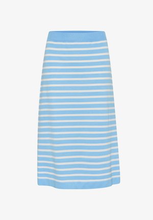 Striped skirt in light blue and white. Made from soft fabric, it has a knee-length cut and a simple elastic waistband for comfort.