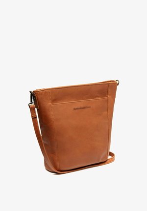 Bolso cruzado de cuero marrón con textura suave, forma rectangular, strap ajustable y parche con logo en el frente.