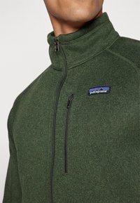 Green fleece jacket with a high collar, zippered front, and left chest pocket. Features a small Patagonia logo in blue and black.