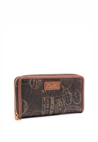 Portafoglio in tela marrone con chiusura a zip, caratterizzato da un motivo a tema viaggio in oro, con dettagli in pelle marrone e una placca logo dorata.