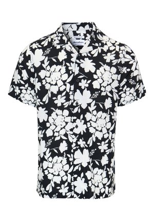 Chemise noire à manches courtes avec un motif floral blanc, coupe régulière et col.