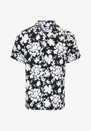 Chemise noire à manches courtes avec un motif floral blanc, coupe régulière et col.