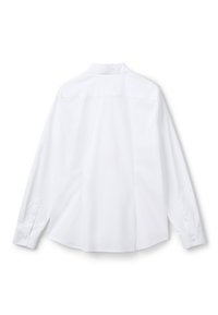 Camicia bianca a maniche lunghe con colletto classico, polsini con bottoni e una texture liscia. Il design sul retro presenta una cucitura centrale e una spalla.