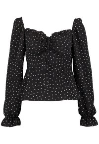 Musta bluus, jossa on pitkät, puffit hihat ja nelikulmainen pääntie. Etuosa on kerätty ja siinä on rypytetty yksityiskohta sekä pieni tähtikuosi kermanvärisenä.