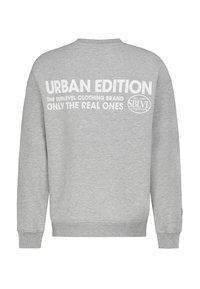 Grauer Sweatshirt mit Rundhalsausschnitt, langen Ärmeln und fettem weißen Text auf dem Rücken: "URBAN EDITION," "THE SUBLEVEL CLOTHING BRAND," und "ONLY THE REAL ONES."