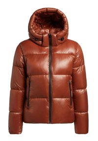 Padded hnědá bunda s vysokým límcem, předním zipem a dvěma postranními kapsami. Hladká, lesklá textura s černými zipy a akcenty.