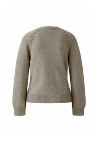 Hellbraunes Strickpullover mit langen Ärmeln, gerippten Bündchen und Saum, rundem Ausschnitt und einer glatten Textur mit dezenten Details an den Schultern.