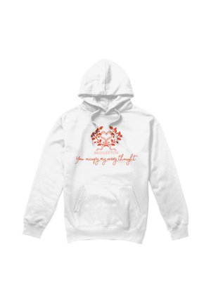White hooded sweatshirt with red floral heart design and text reading "Bridgerton You occupy my every thought" on front.