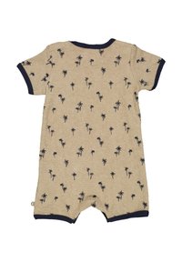 Beige overal s krátkým rukávem, s námořnickým lemováním. Má opakující se vzor palmových stromů a volný střih s krátkými nohavicemi.