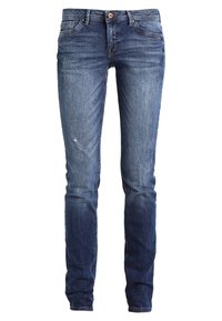 Pantalones vaqueros de mezclilla azul de corte ajustado con lavado descolorido, sutiles marcas de desgaste y detalles desgastados. Cuentan con cinco bolsillos y cierre de botón.