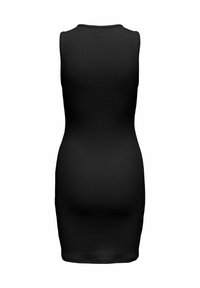 Robe noire sans manches au style bodycon ajusté, avec une texture côtelée et un col rond, présentée sur un fond blanc.