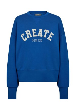 Blauwe sweatshirt met een ronde hals, oversized pasvorm en de tekst "CREATE" in witte letters, met daaronder in kleinere tekst "MM 2010".