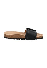 Sandale à glissière noire avec une large sangle, un pied en liège et une semelle extérieure en caoutchouc striée. La sangle est ornée d'une boucle décorative.