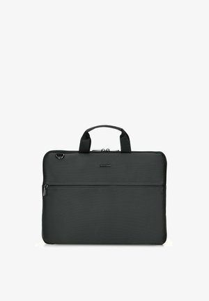 Zwarte laptoptas gemaakt van gestructureerde stof, voorzien van een ritssluiting, dubbele handgrepen en een voorkant met een ritsvak.