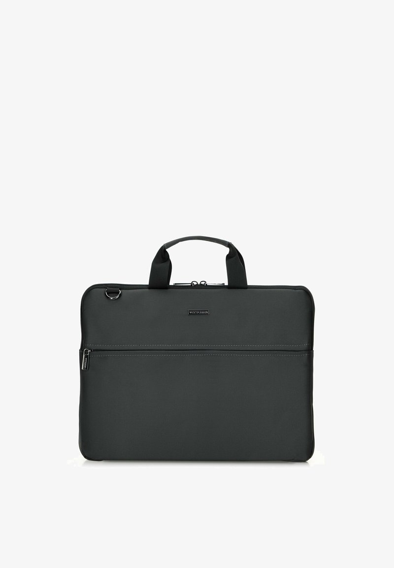 Zwarte laptoptas gemaakt van gestructureerde stof, voorzien van een ritssluiting, dubbele handgrepen en een voorkant met een ritsvak.