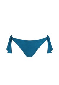 Bikini w dolnej części w kolorze zielonym z wiązanymi bokami. Wykonany z gładkiego materiału, charakteryzuje się minimalistycznym wzornictwem i klasycznym krojem.