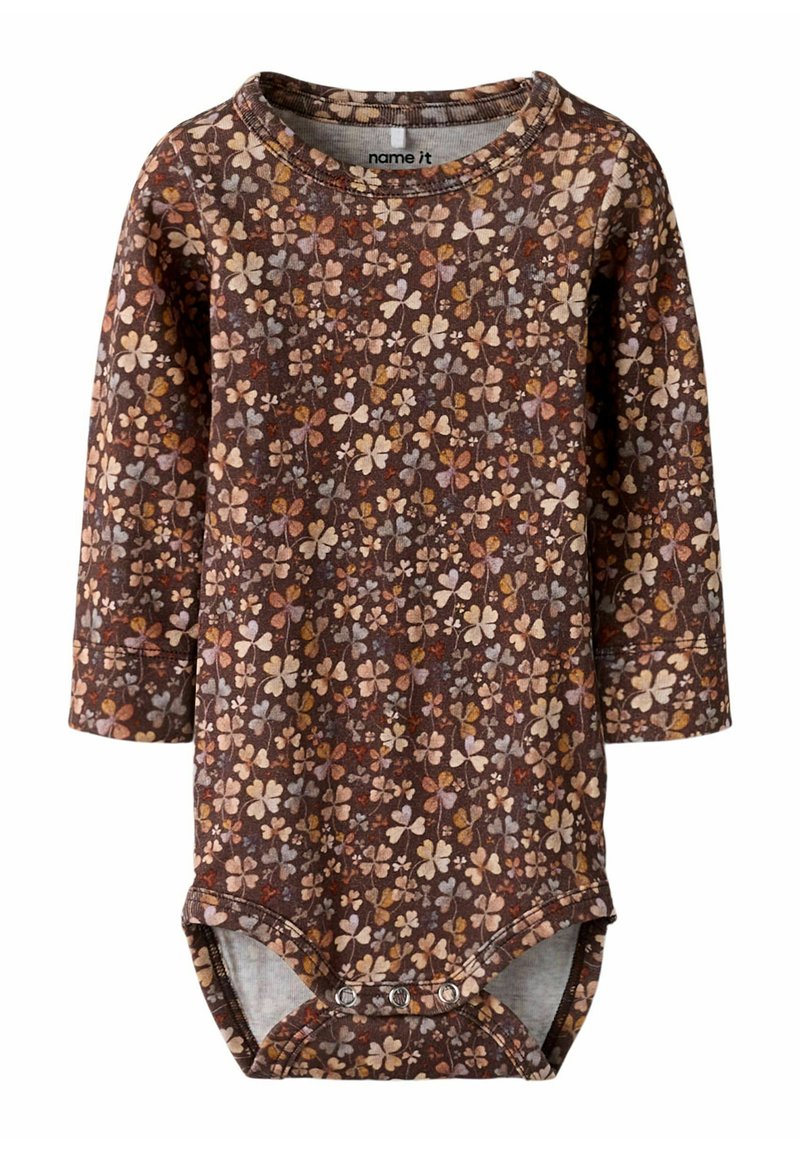 Bodysuit pour bébé à manches longues marron avec un motif floral multicolore et des boutons pression à la base.
