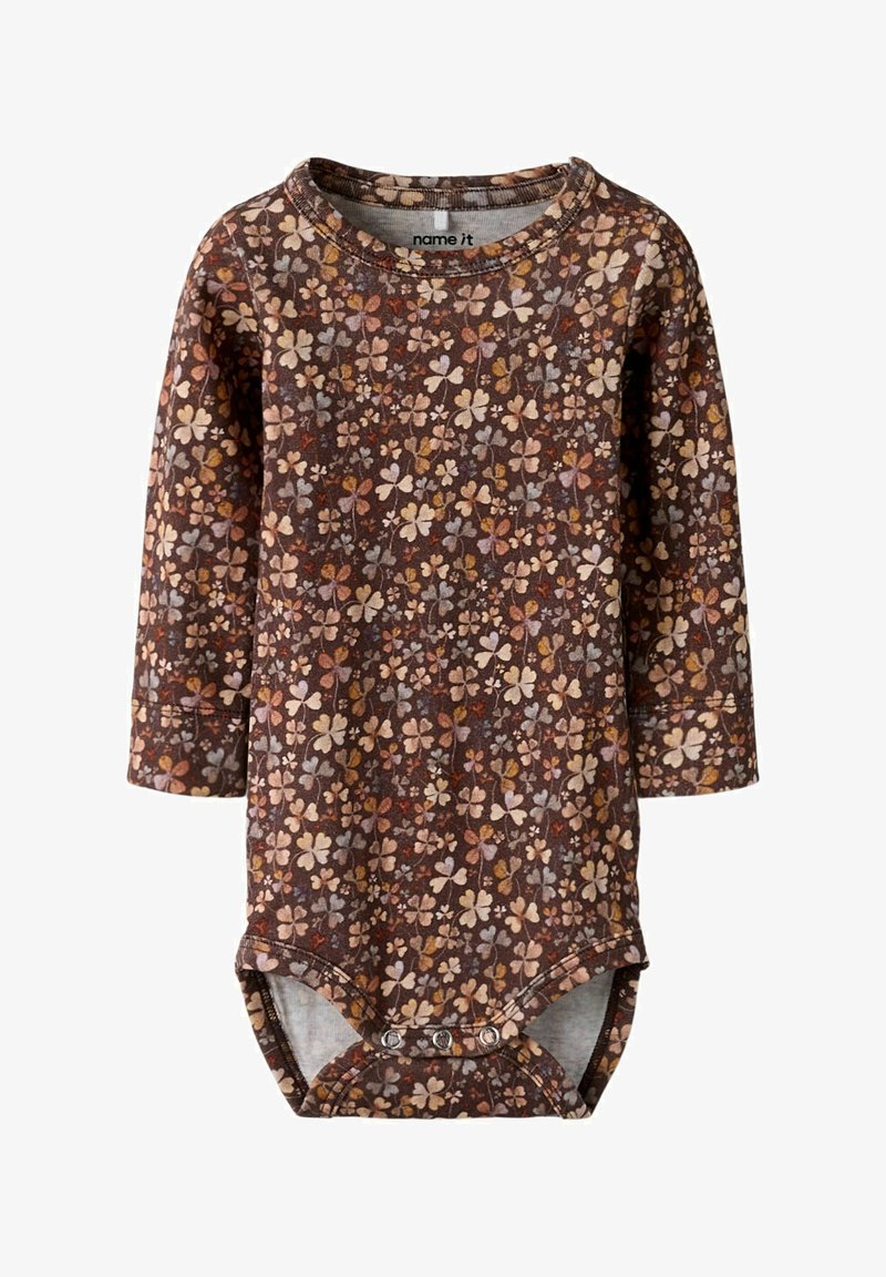 Bodysuit pour bébé à manches longues marron avec un motif floral multicolore et des boutons pression à la base.