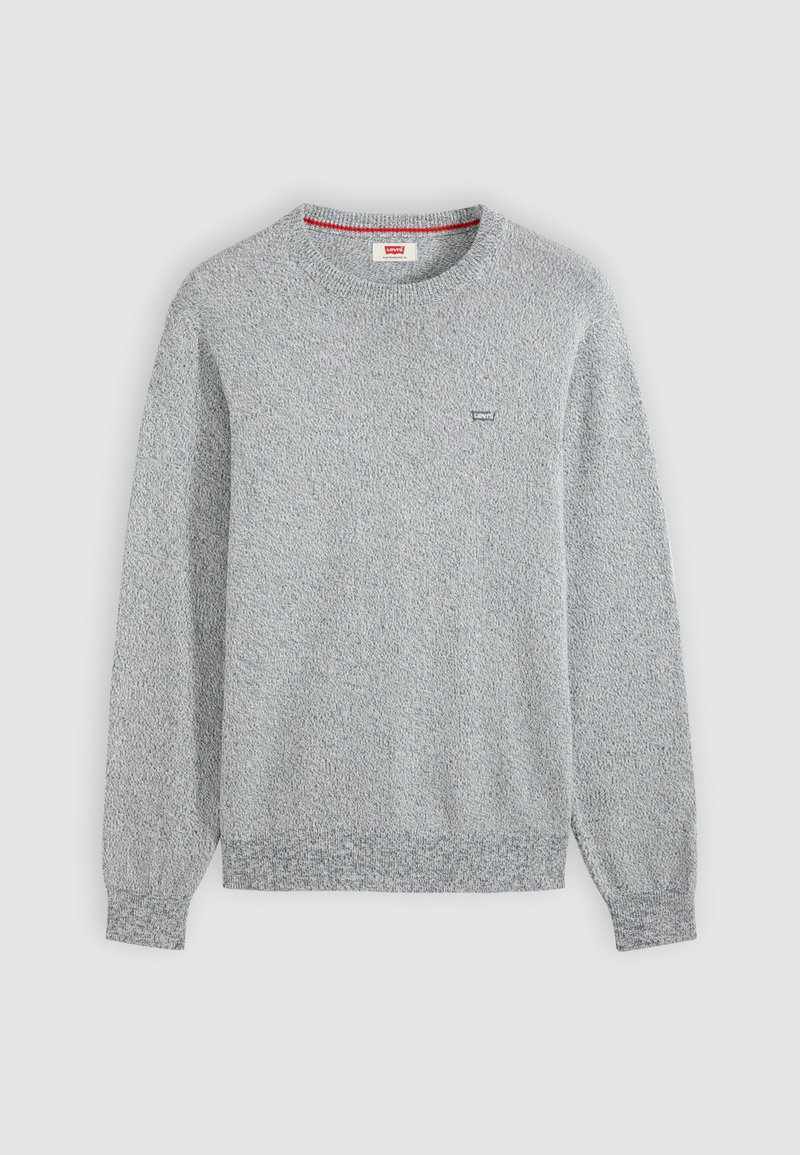 Hellgrauer strukturierter Strickpullover mit Rundhalsausschnitt und langen Ärmeln sowie kleinem Levi’s-Logo auf der linken Brust.