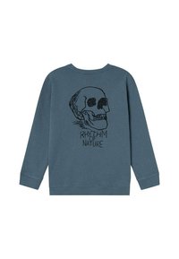 Blauwe sweatshirt met een zwart schedelgraphic en de tekst "RHYTHM OF NATURE" eronder. Afgewerkt met geribde boorden en zoom.
