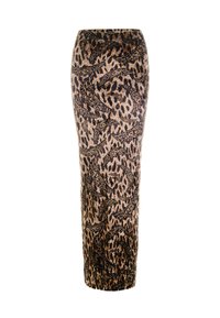 Gonna a tubino con stampa leopardata, caratterizzata da un design aderente, un tessuto testurizzato e una vita alta. I colori includono tonalità di nero e bronzo.
