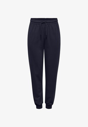 Navyblauwe joggingsbroek van zachte stof, met een elastische tailleband met trekkoord, boorden bij de enkels en zijzakken.