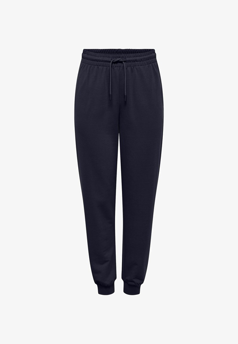 Námorně modré jogger kalhoty vyrobené z měkké tkaniny, s elastickým pasem na šňůrku, manžetami na kotnících a bočními kapsami.