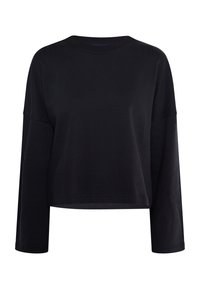 Schwarzes, verkürztes Langarm-Sweatshirt mit Rundhalsausschnitt. Aus weichem Stoff gefertigt, mit lässiger Passform und minimalen Nähten.