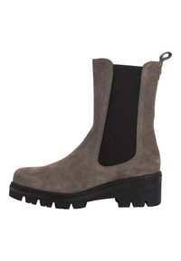 Stivale alla caviglia in suede grigio con pannelli elastici laterali, punta arrotondata e suola in gomma nera spessa con scanalature profonde per una buona aderenza.