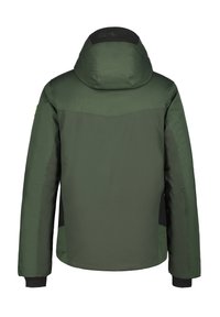 Giacca impermeabile verde con cappuccio, caratterizzata da una sezione superiore testurizzata e una parte inferiore liscia. Include dettagli neri sulle maniche e ai lati.